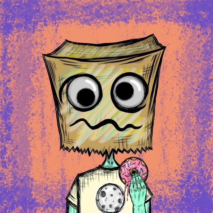 A whimsical cartoon character with a brown paper bag over its head, displaying large googly eyes and a wavy, uneasy mouth, holds a pink-frosted donut against a textured purple and orange background. The illustration's quirky, anxious vibe playfully matches the casual Saturday greeting, adding a fun visual flair to the NFT share.