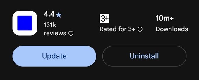 An app store listing shows a 4.4 star rating with 131k reviews, rated for 3+, 10m+ downloads, with 'Update' and 'Uninstall' buttons.
