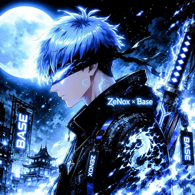 An anime-style illustration of a blue-haired character with a sword, with the text 'ZeNox x Base' overlaid on the image, set against a moonlit cityscape.