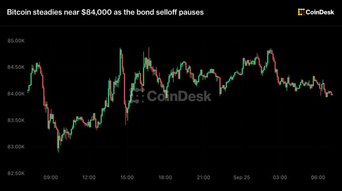 A CoinDesk chart titled 'Bitcoin steadies near $84,000 as the bond selloff pauses', showing price fluctuations between roughly $83,000 and $85,000 over a 24-hour period.