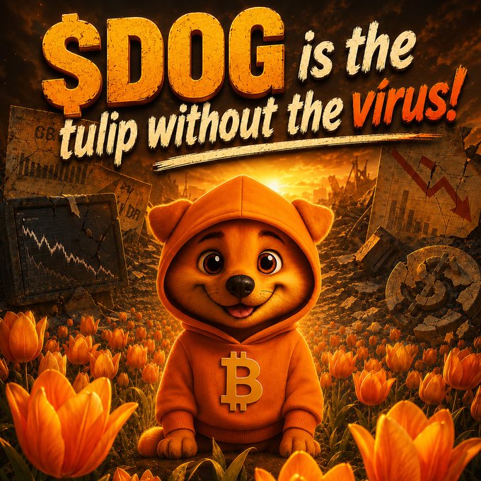 A cartoon Shiba Inu dog wearing an orange Bitcoin-logo hoodie sits in a field of orange tulips, with the text '$DOG is the tulip without the virus!' displayed prominently above against a backdrop of falling market charts.