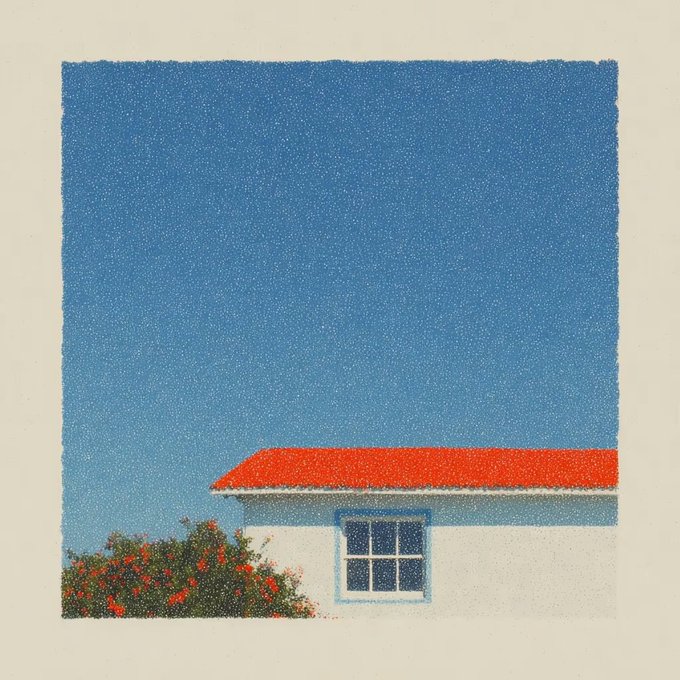 Minimalist illustration depicting a white house with a red roof and a small window against a vast blue sky, with a flowering bush visible in the foreground.
