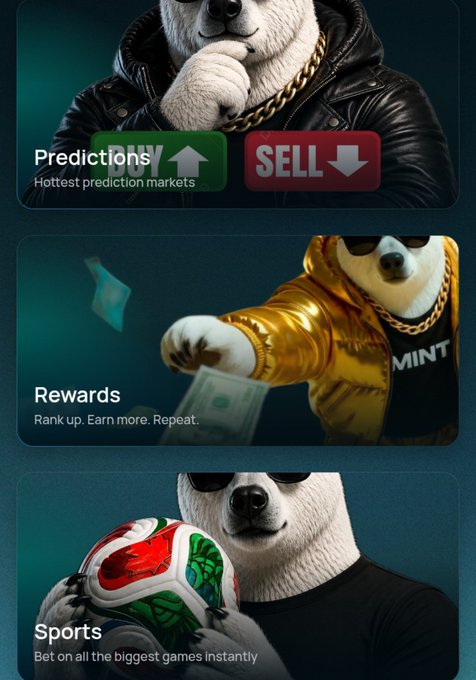 A promotional image featuring three polar bears: one in a black leather jacket with 'Predictions - Hottest prediction markets' and BUY/SELL buttons, one in a gold jacket with 'Rewards - Rank up. Earn more. Repeat.', and one holding a soccer ball with 'Sports - Bet on all the biggest games instantly'.
