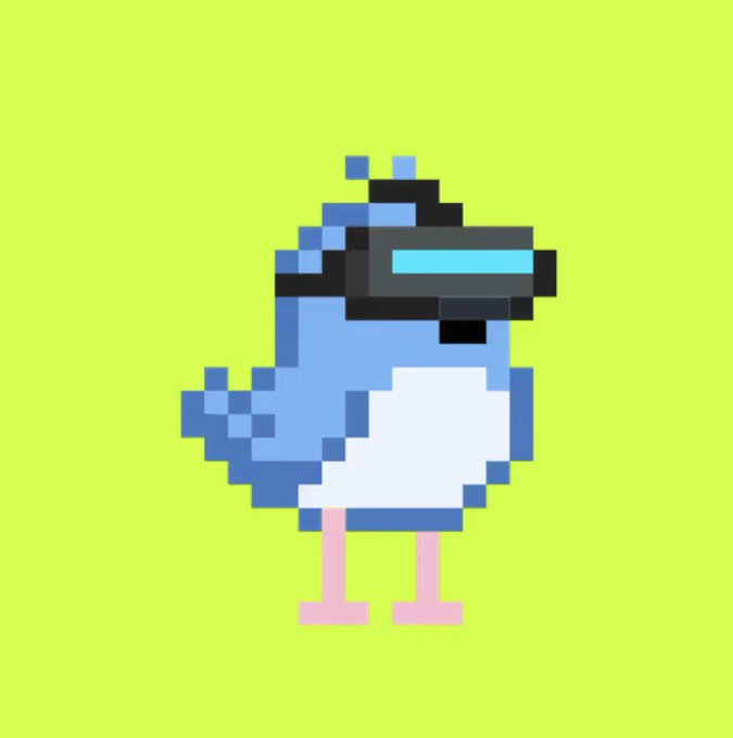 A pixel art character of a blue and white bird-like creature wearing a black visor/VR headset against a bright yellow-green background.