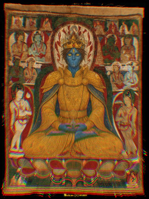 A blue-skinned, golden-armored deity sits in meditation upon a lotus throne, flanked by attendants and surrounded by other figures in a traditional Buddhist-style composition with a chromatic glitch effect. The imagery visually echoes the post's theme of rebirth and ascension, with the serene, flame-haloed figure symbolizing the "Golden Phoenix" rising renewed from ashes.