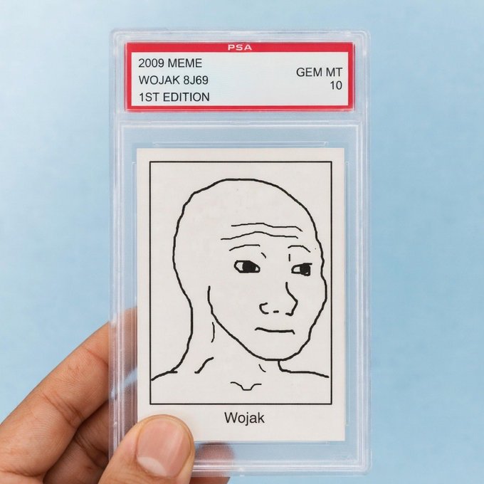 A hand holds a PSA-graded 'GEM MT 10' card labeled '2009 MEME WOJAK 8J69 1ST EDITION' featuring the classic Wojak line drawing.