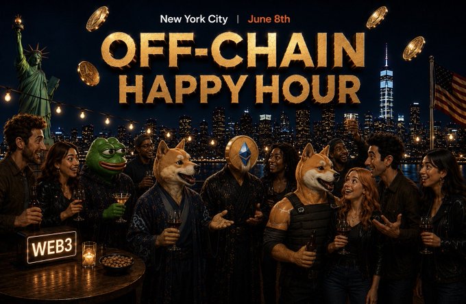 The image features a group of people standing around a table with drinks, including wine glasses and cups. The scene takes place at an event called "Off-Chain Happy Hour" that is happening in New York City. There are several people present, some wearing masks while others do not. A banner can be seen above the crowd, displaying the text "Off-Chain Happy Hour".
