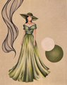 An illustration of a woman wearing a long, flowing green dress and holding a wide-brimmed hat, with purple smoke-like ribbons trailing behind her against a muted background.