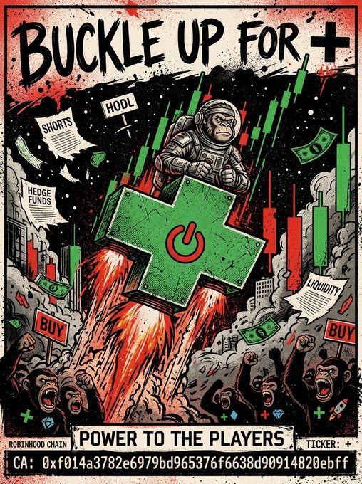 A crypto meme poster titled "BUCKLE UP FOR +" features an astronaut monkey riding a green rocket, surrounded by trading terms like HODL, SHORTS, HEDGE FUNDS, LIQUIDITY, and BUY, with the footer "POWER TO THE PLAYERS" and contract address "0xf014a3782e6979bd965376f6638d90914820ebff".