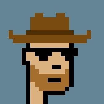 A pixel art style image of a character wearing a cowboy hat with a beard against a blue background.