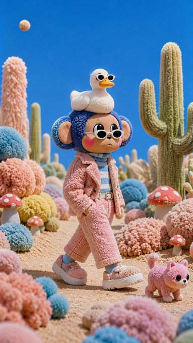 A cute 3D-rendered figurine of a character wearing sunglasses and a pink fuzzy outfit with a white bird on its head, surrounded by crocheted cacti, mushrooms, and a small pink dog in a desert landscape.