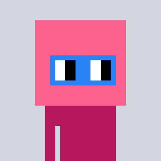 A minimalist pixel art character with a pink square head, blue rectangular sunglasses showing pixelated eyes, and a maroon body stands against a solid gray background.