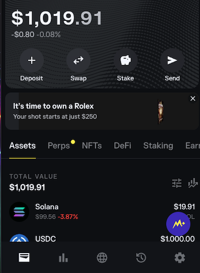The image shows a crypto wallet dashboard displaying a total balance of $1,019.91 (down $0.80 or 0.08%), with assets including Solana ($19.91) and USDC ($1,000.00), aligning with the post about loading a fresh wallet with $1k to pull $25 packs for September Gacha Games.