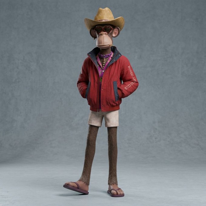A 3D-rendered anthropomorphic monkey character standing against a gray background, wearing a cowboy hat, heart-shaped sunglasses, a red 'HOLIDAY CLUB' jacket, beige shorts, and brown sandals.