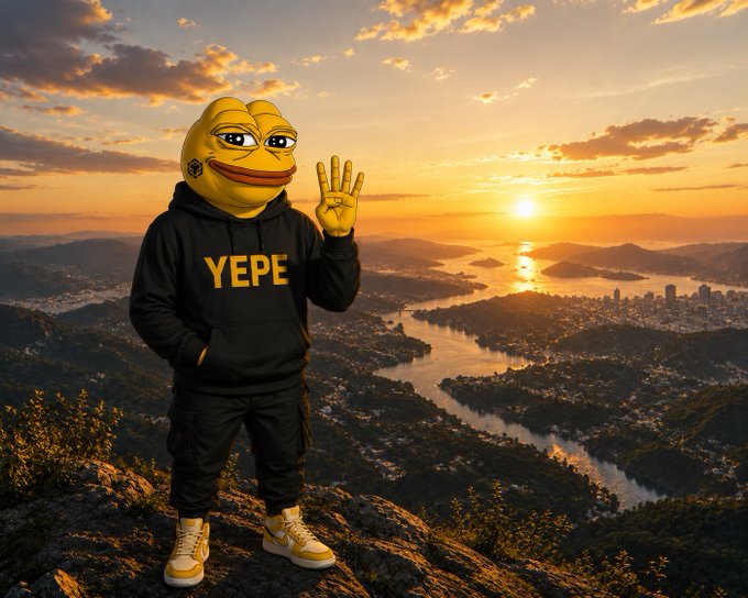 A person wearing a Pepe the Frog mask and a black 'YEPE' hoodie flashes a four-finger hand gesture while standing on a mountain overlook at sunset.