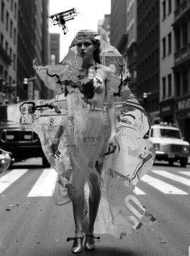 A black and white, surreal digital collage features a woman in avant-garde clothing made of comic book pages walking through a city street. The artwork reflects the artist's high-end, collectible "1/1" prints mentioned in the post.