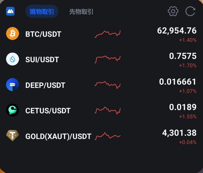 The image shows a screen displaying the opening price of Bitcoin against other cryptocurrency symbols such as XAU/USDT and CETUS/USDT, with red lines indicating their daily rise. The data also includes the time for each symbol's opening on the left side of the screen. Additionally, there is text on the image that reads "Good morning Bitcoin'S rise is looking good, huh? Sui's climbing along with it, but even knowing it's just temporary, I'm still thrilled with Sui With everyone in crypto indifference mode right now, it'q