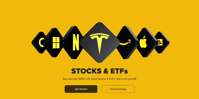 The image features a yellow banner with black text that says "Stocks & ETFs" at the top, followed by a list of logos for different companies such as Apple, Amazon, and Tesla. The banner also includes a button that says "Get Started", which could be used to access more information about investing in stocks or ETFs.