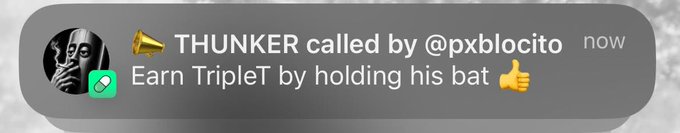 A Telegram message notification showing "THUNKER called by @pxblocito now Earn TripleT by holding his bat," referencing the TripleT token mentioned in the accompanying post about a potential trading opportunity paired with that ticker.