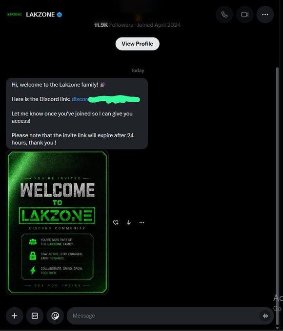 Direct message conversation on X (Twitter) with LAKZONE containing a welcome message and Discord invitation link, accompanied by a green 'Welcome to LAKZONE Discord Community' graphic.