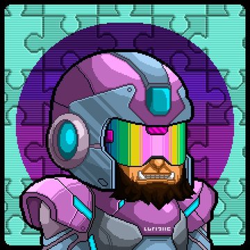 A pixel art illustration shows a bearded figure in futuristic pink and gray armor with a rainbow-striped visor, set against a purple circular background with a turquoise puzzle-piece pattern. The artist's signature "Wacko" appears on the chest plate, connecting to the tweet that tags @WackoSenshi as a "GOATED artist" for NFTs.
