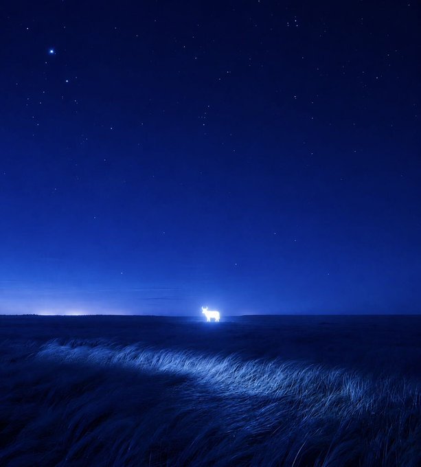 Under a vast starlit sky, a solitary illuminated sign glows in the distance across a windswept field of grass, its light spilling onto the swaying blades below. The distant beacon visually embodies the cryptic message "There will be signs," suggesting guidance or revelation amid the quiet darkness.