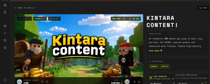 A webpage screenshot promoting 'KINTARA CONTENT!' in a Minecraft-style isometric game, described as 'An isometric SMG where you play to earn, buy and sell for $KIND' with categories for Gaming and Crypto.