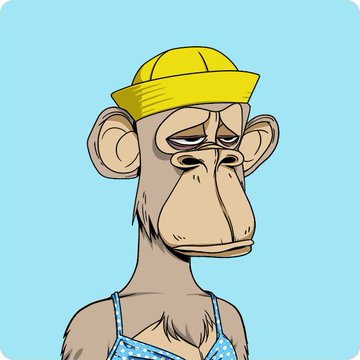A cartoon illustration of a weary-looking Bored Ape wearing a yellow hat against a light blue background, representing the Bored Ape Yacht Club NFT collection referenced in the post about rising blue chip NFT prices.