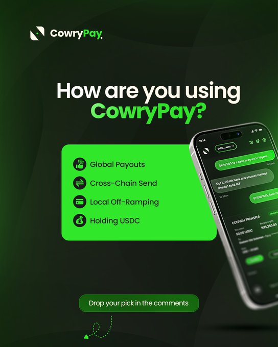 A CowryPay promotional graphic asking "How are you using CowryPay?" with options listed: Global Payouts, Cross-Chain Send, Local Off-Ramping, and Holding USDC, alongside a phone showing a transfer interface.