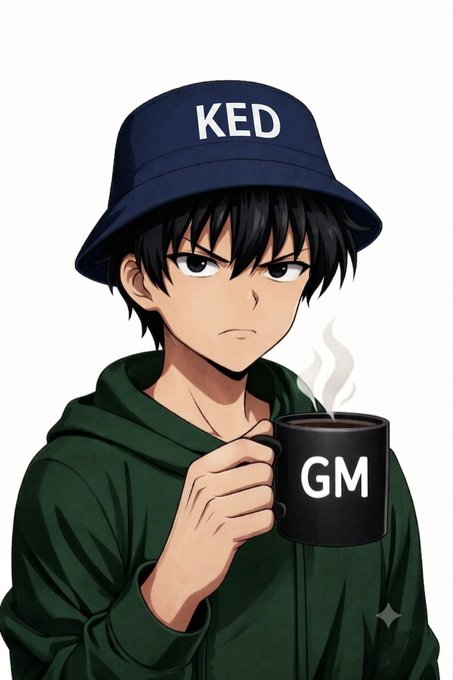 An anime-style illustration shows a serious-looking young man wearing a navy bucket hat with "KED" in white text and a green hoodie, holding a black mug labeled "GM" (Good Morning) with steam rising from it—visually representing the "GM" greeting and weekend vibes of the post about @MidnightNtwrk advancing Web3 privacy and verification.