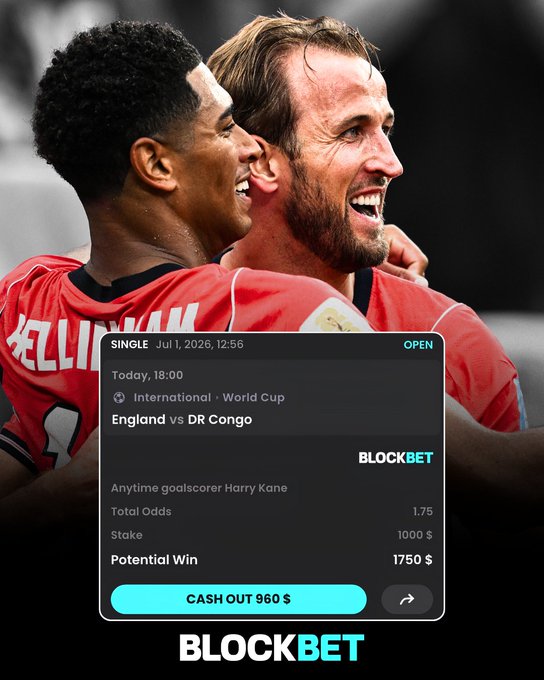The image shows two soccer players in red jerseys, one identified as Bellingham and the other being Harry Kane, celebrating together in the background, with a BlockBet betting slip overlaid showing a 1.75 odds wager of $1000 on "Anytime goalscorer Harry Kane" for the England vs DR Congo World Cup match, with a potential win of $1750. The image directly supports the promotional post by visualizing the featured player (Kane) whose goal would trigger the $50 giveaway to two random participants who share their Solana wallet.