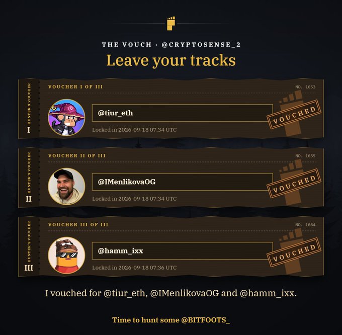 A digital voucher page titled 'Leave your tracks' from @CRYPTOSENSE_2, showing three vouched users: @tiur_eth, @lMenlikovaOG, and @hamm_ixx, all marked 'VOUCHED'.