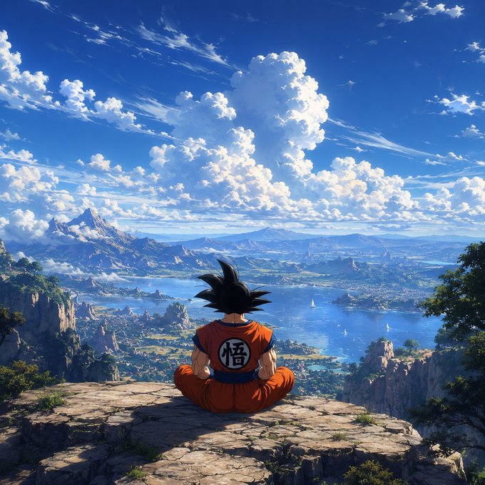 An anime-style illustration of Goku from Dragon Ball, identifiable by the '悟' symbol on his orange gi, meditating while looking out over a vast landscape of mountains and a lake beneath a dramatic cloudy sky.