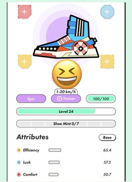A sneaker NFT attributes screen showing Efficiency 65.4, Luck 57.2, and Comfort 50.7 stats with Epic/Trainer 100/100 rating and 1-20 km/h speed range.
