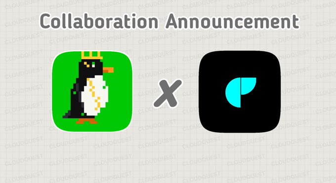 A "Collaboration Announcement" graphic featuring the Hood Pengies pixel penguin logo on a green background alongside the Robinhood-style "P" icon, separated by an "X" symbol, visually promoting the partnership between the 5,555-piece NFT collection and the Robinhood crypto ecosystem.