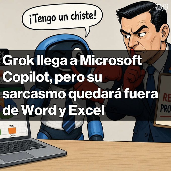 A cartoon robot quips "¡Tengo un chiste!" beside a stern executive in this illustrated graphic headlined "Grok llega a Microsoft Copilot, pero su sarcasmo quedar