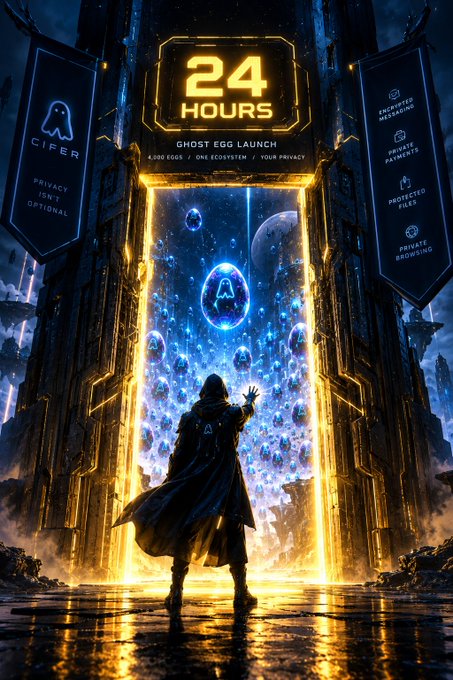 A sci-fi promotional poster featuring a hooded figure standing before a glowing portal filled with ghost icons, with text reading '24 HOURS GHOST EGG LAUNCH' and 'CIFER' branding.