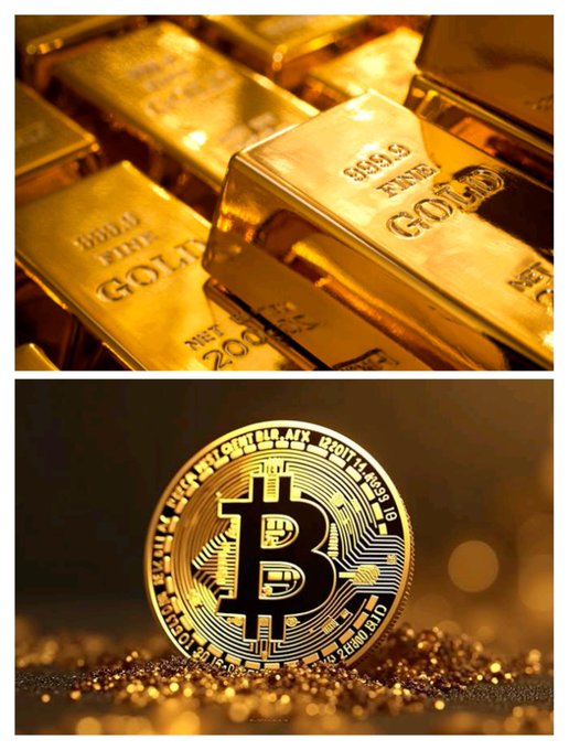 A composite image featuring stacks of gold bars engraved with "999.9 FINE GOLD" on top, and a glowing gold Bitcoin token on the bottom.