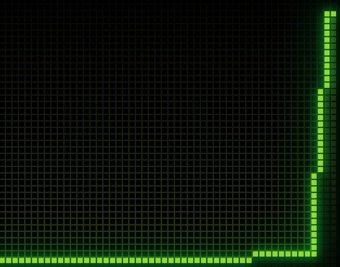 An abstract image of a glowing green grid pattern on a black background, with a vertical column of squares highlighted on the right side.