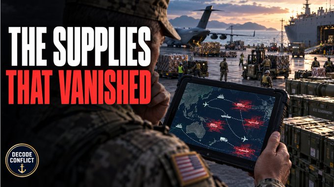 A YouTube thumbnail titled 'THE SUPPLIES THAT VANISHED' from 'Decode Conflict' shows a soldier looking at a tablet with a map, while military supplies are loaded onto a cargo plane in the background.