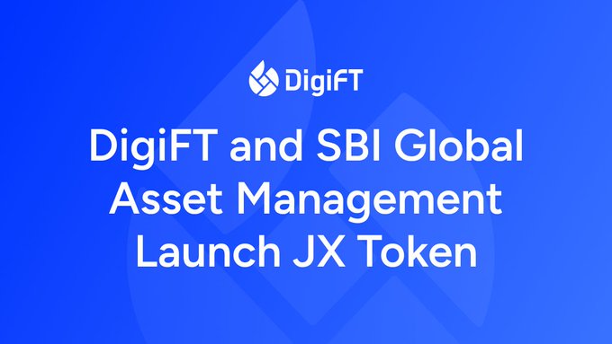 The image is a blue announcement graphic featuring the DigiFT logo at the top and the headline "DigiFT and SBI Global Asset Management Launch JX Token," which aligns with the post about bringing Japan's capital markets to Solana in collaboration with SBI Group and DigiFT Tech.