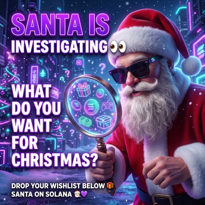 A stylized Christmas promotional image featuring a cool Santa Claus in sunglasses holding a magnifying glass, with text reading 'SANTA IS INVESTIGATING WHAT DO YOU WANT FOR CHRISTMAS?' and 'DROP YOUR WISHLIST BELOW SANTA ON SOLANA'.
