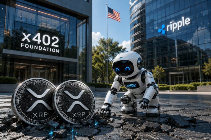 A small robot with "x402" displayed on its chest kneels next to two large XRP coins in front of glass buildings labeled "x402 FOUNDATION" and "ripple," with an American flag overhead. The image visually represents Ripple's new partnership with the x402 Foundation, symbolizing the intersection of AI technology (the robot) and cryptocurrency (XRP) in shaping internet payment standards.
