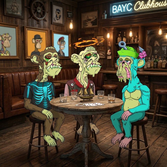 An AI-generated illustration of three Bored Ape Yacht Club (BAYC) NFT characters sitting around a table in a 'BAYC Clubhouse' bar, drinking and playing cards.
