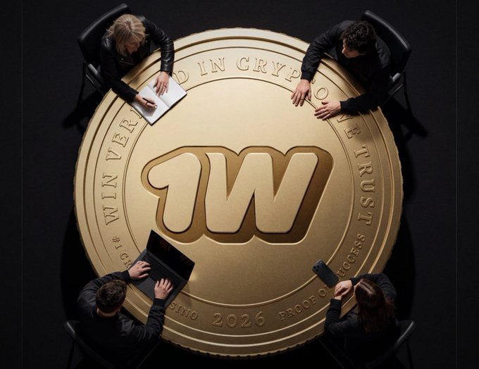 Four people in black sit at a large round table featuring a giant golden coin with a '1W' logo and text including 'IN CRYPTO WE TRUST' and 'CASINO 2026'.