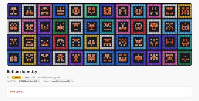 A digital NFT display titled 'Retium Identity' showing a grid of colorful pixelated characters with a 'Mint your ID' button.
