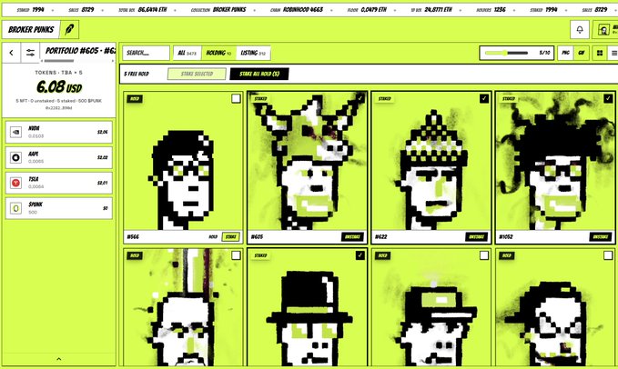 A Broker Punks dashboard displays a portfolio valued at 6.08 USD with multiple pixel-art punk NFT tokens listed, including #566, #905, #622, #1052, and others, set against a vibrant yellow-green interface. The image relates to the post by showcasing the earnings inflow feature on the platform, highlighting the portfolio's token breakdown across networks like KOI, AVAX, and POLYGON.