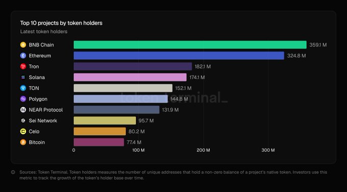 A bar chart titled 'Top 10 projects by token holders' ranking BNB Chain (359.1M), Ethereum (324.8M), Tron (182.1M), Solana (174.1M), TON (152.1M), Polygon (144.8M), NEAR Protocol (131.9M), Sei Network (95.7M), Celo (80.2M), and Bitcoin (77.4M), sourced from Token Terminal.