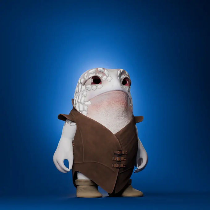 A 3D-rendered anthropomorphic character with a lizard-like white head, large eyes, and brown leather vest stands against a blue gradient background.