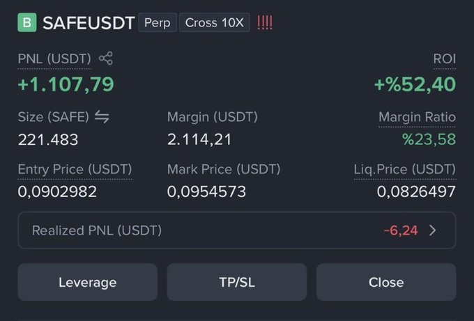 The image shows a profitable perpetual futures trading position on **SAFE/USDT** with 10X cross leverage, displaying a **+1,107.79 USDT unrealized PNL (+52.40% ROI)** on a position of 221,483 SAFE tokens at an entry price of 0.0902982 USDT. It serves as promotional evidence for a crypto signal group targeting Middle Eastern and Western audiences, claiming strong returns from the SAFE/USDT trade.